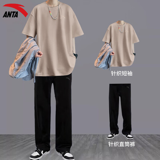 安踏运动套装男2025年夏新款纯棉短袖T恤长裤运动服青少年休闲两件套 【套装】-1纯净白 L/175
