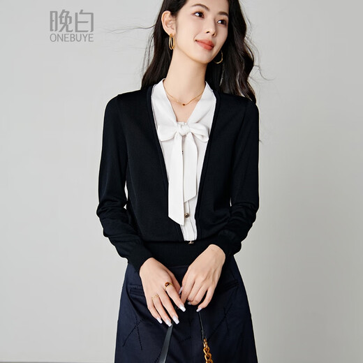 Late White New Product 2025 Autumn Style Elegant Stretch Sweater Age-Reducing Lace-up Fake Two-piece Knitted Sweater Women Black L