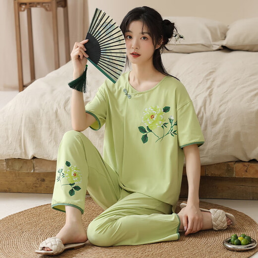 2025年新款棉睡衣女夏短袖套国风可爱夏七分裤卡通休闲家居服 9904 XL 【120-140斤】