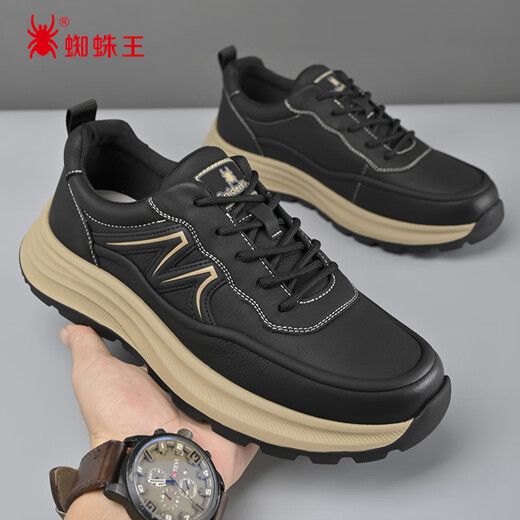 SPIDERKING Casual Shoes Men's Spring and Autumn Thick-soled Business Casual Sports Leather Shoes Breathable, Comfortable and Versatile Black 40