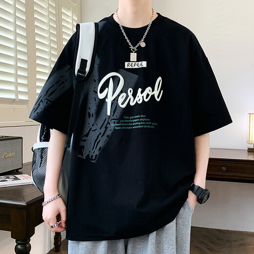 Opeodly2025 neuer Teenager kurzärärmig T-Shirt Herren trendige Sommer High School-Schüler gutaussehende Kinder Sommerkleidung Top JT693 Black M.