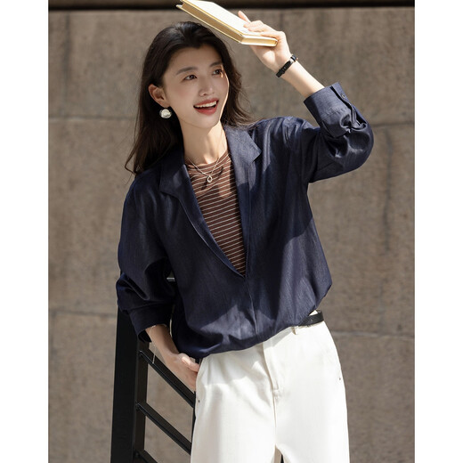 Demana layering artifact autumn temperament fake two-piece shirt imitation denim striped shirt lapel women's top