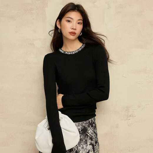 Romon High-End-Pullover für Frauen 100% Wollbasis-Hemd für Frauen 25 Frühlings- und Herbst-Neustil Slim Pitching Perlen Inner Pullover Schwarz L.