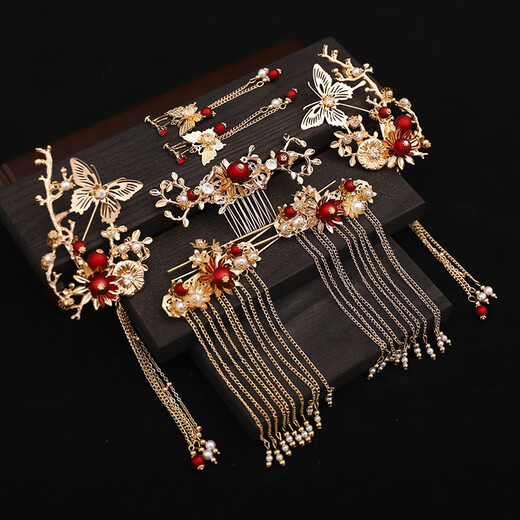 Wanbaozi Bridal Costume Xiuhe Headgear Hanfu Hair Accessory Set Chinese Tassel Phoenix Crown Xia Pei Bu Shake Toast Clothing Accessories Set (Ear Clip) If you need ear hooks, please leave a message