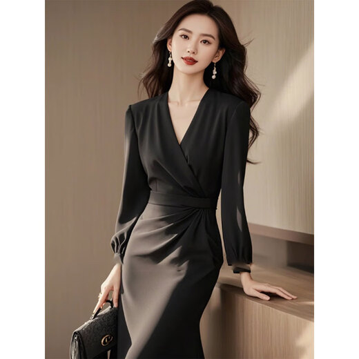 皮尔卡丹高端正式场合连衣裙女神范气质长裙春秋高级感赫本风黑色收腰裙子 黑色连衣裙 XL 115-125斤
