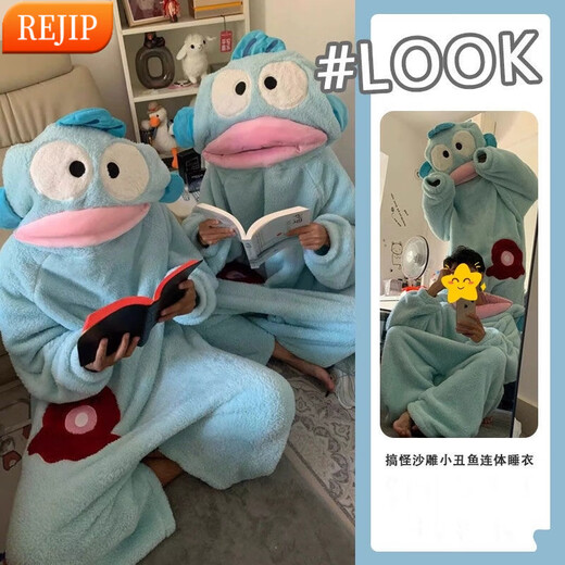 REJIP Pajamas for Women in Autumn and Winter Cute Cartoon Coral Velvet New Thickened Plush Nightgown Dress One-piece Home Clothes Outerwear Men's Clown Fish White One-piece Suit S (Recommended weight 80-100 Jin Jin equals 0.5 kg)