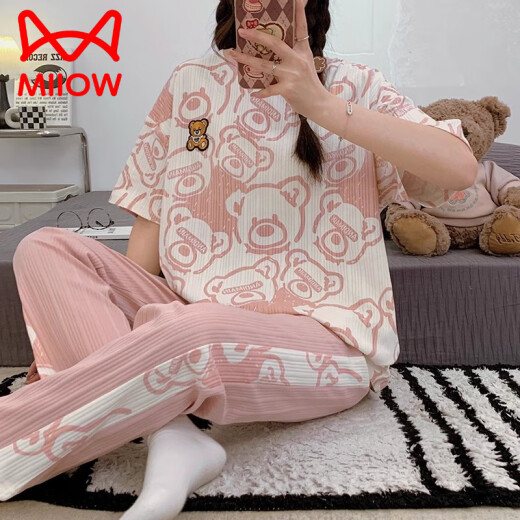 猫人（MiiOW）春秋睡衣女夏季薄款纯棉短袖长裤两件套装宽松全棉休闲女士家居服 SSM-6625 XL 【115-140斤】