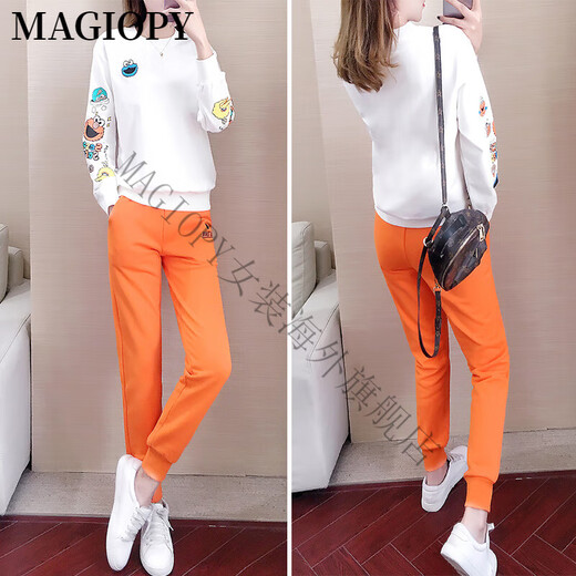 MAGIOPY international luxury high-end brand sports suit women's spring new style 2025 Korean version trendy and fashionable round neck suit 6237 white top + black pants (plus velvet) M