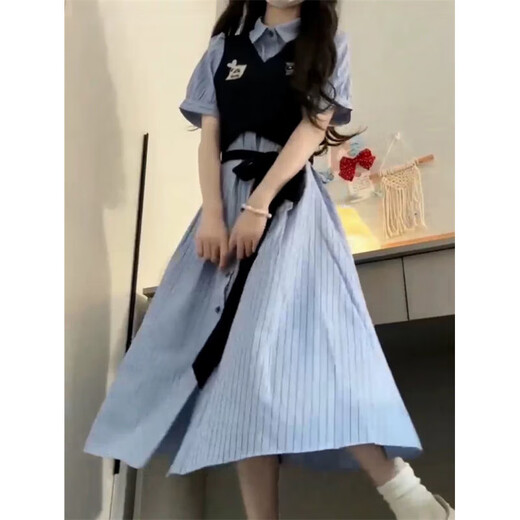 Booth sage [9742 people collect] New French style waist-hugging striped fake two-piece dress for girls mid-length dress fake two-piece dress [brand high quality] M