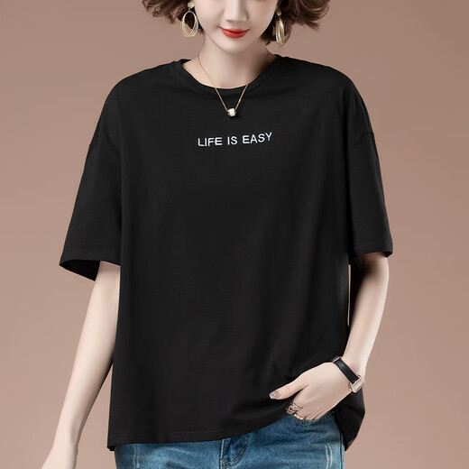 Rindu纯棉短袖女中老年全棉女短袖衫短袖t恤女中年妈妈休闲纯绵上衣体 9892咖啡 L 100-115斤