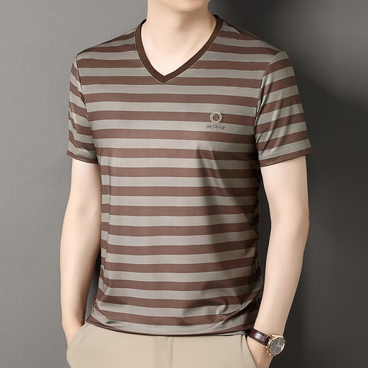 Sept Wolves Youth New Men's Variety T-shirt 2025 Été Micro-étirement Business Business Stripe Sleeve V-Neck Trend Blue Bo-801-6197 Abricot M 105