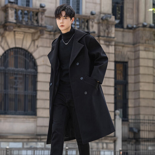 ROMON windbreaker men's mid-length autumn and winter high-end hooded casual coat dark gray 2XL