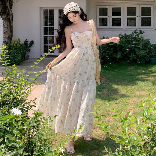 YIOU吊带连衣裙女2025年夏季碎花茶歇法式设计感显瘦长裙度假裙子9276 图片色 S