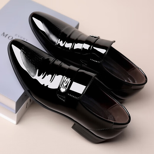 Erxu men's leather shoes suit shoes business pointy toe wedding formal wear no lace cover feet shining men's flat bottom suit hollow 9921 shining black foot cover 38
