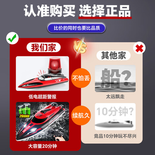 Complete remote control boat for children, large high-speed speedboat, high-horsepower waterproof pull-up net, launchable ship model toy for boys, medium-sized 30cm dual-motor high-speed speedboat - China Red (standard single battery, lifetime warranty + free remote control battery +