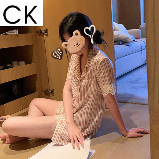 CK lace striped ice silk pajamas for women ins spring and summer ins windy home clothes can be worn outside LW-9214 [fabric] M [recommended 80-100Jin [Jin equals 0.5 kg]]
