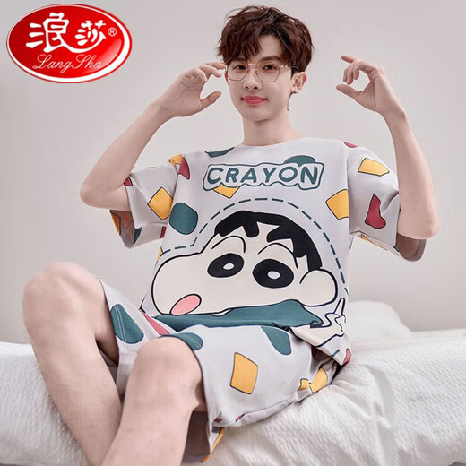 
Langsha men's pajamas summer pure cotton short sleeve shorts thin cartoon cute teenager large size boys' home clothing suit Daimeiya-6627 L small size L code (90-110Jin [Jin equals 0.5 kg])