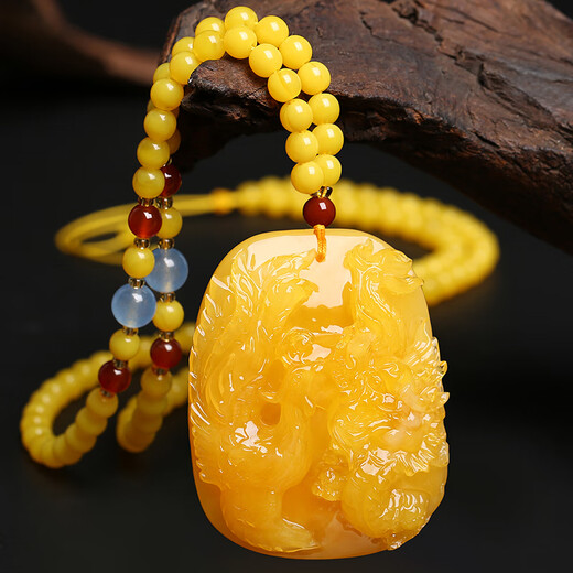 Fat Donglai's same style beeswax pendant gourd water drop pendant amber round bead sweater chain dragon and phoenix carving retro beeswax gourd pendant + bead chain with gift box + certificate