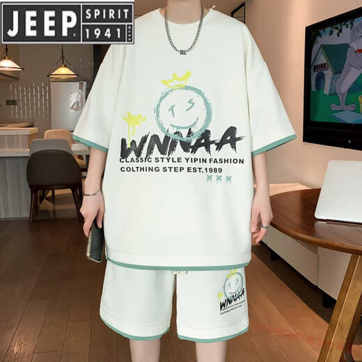 JEEP SPIRIT Jugend Sommer neuer Sportanzug Jugend Kurzarm T-Shirt Eisseide Shorts Kleidung 9928 beige Anzug M ca. 90-110 Jin Jin entspricht 0,5 kg kann getragen werden
