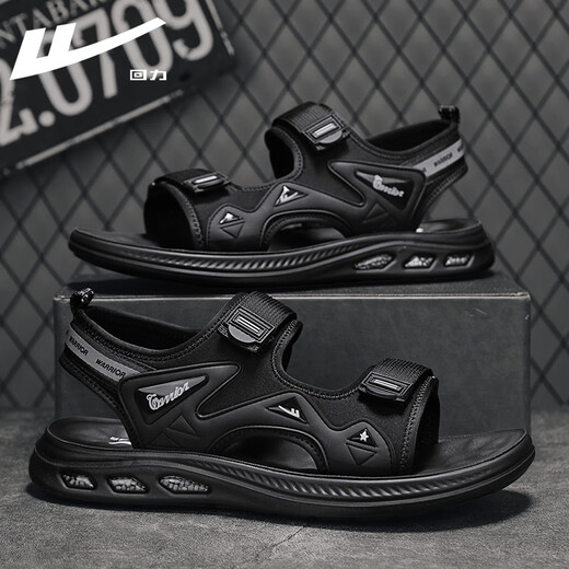 
Huili sandals men's shoes for summer breathable open-toe sandals Roman shoes black outside soft sole casual beach shoes all black 42