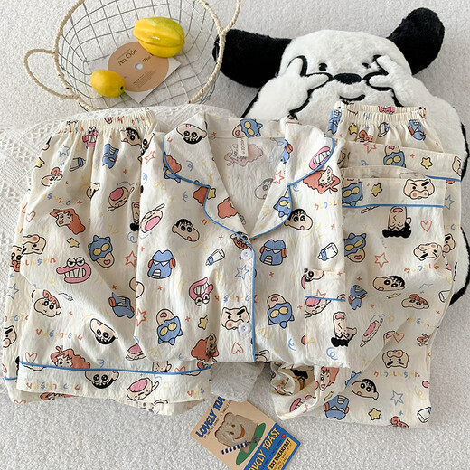 京濮飞蜡笔小新夏季女款薄款棉短袖长裤家居服三件套 云朵棉-9905#黑爱心三件套 M 【建议75-100斤】