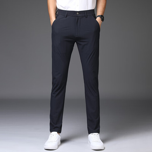 
High elastic ice silk pants for men 2025 summer thin straight loose casual pants for men's fashion brand draped trousers 1098 blue [summer nine-point pants] 28 waist circumference two feet one