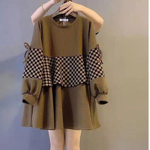 SANGJI (SANGJI) Spring and Autumn Top Splicing Plaid Design Fake Two-Piece Sweatshirt for Women Medium-Length Large Size Two-Piece Set for Pregnant Women Coffee + Adjustable Black Belly Supporting Trousers [Set] XXL [140-170Jin [Jin equals 0.5 kg]]
