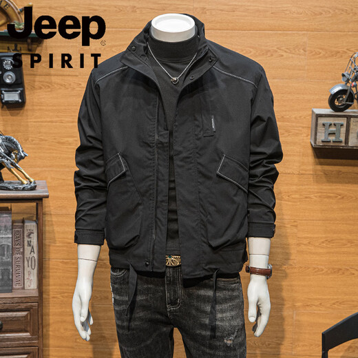 JEEP SPIRIT工装外套男潮牌休闲春秋季2025新款韩版潮流男装简约立领修身夹克 黑色【春秋款】 M 90-110斤