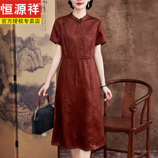 Hengyuanxiang High-End Mother носит ароматное облако Sha Mulberry Silk шелк 100% платья тяжелый шелк свадебного банкет Cheongsam среднего возраста и пожилые люди, покрывающие свой живот темно-зеленый 6629 шелковидный шелк Red Sha LJ L.
