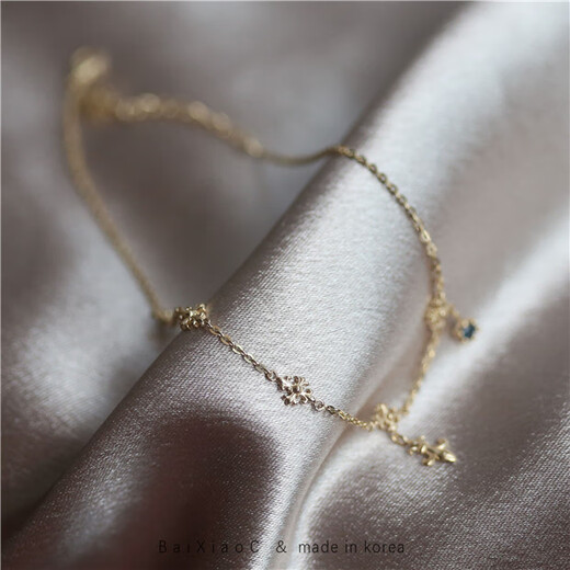 VZZS white small C Korean imported gold jewelry 14K gold anklet retro heavy industry cross blue diamond pendant K gold bracelet bracelet 1 piece