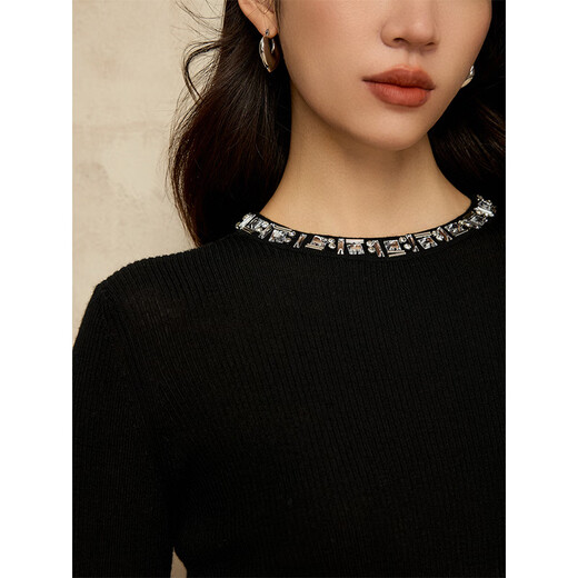 Romon High-End-Pullover für Frauen 100% Wollbasis-Hemd für Frauen 25 Frühlings- und Herbst-Neustil Slim Pitching Perlen Inner Pullover Schwarz L.
