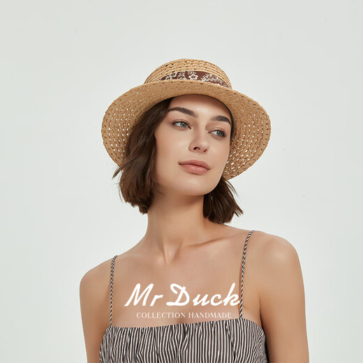 Mr DUCK2025秀场款 进口马达加斯加 拉菲草帽子女 夏天法式平顶礼帽镂空 本草/佩斯利啡棕（镂空平顶帽） M（55-57cm）