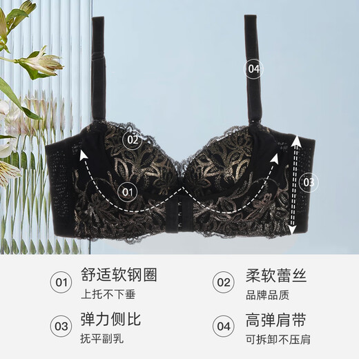 Xia Wa.yu.yu.Show Evas neue gestickte Dessous -Frauen kleine Brüste sammeln BH sexy Spitzen -Frontschnalle -Einstellung Silikon Bra Black 888 70a