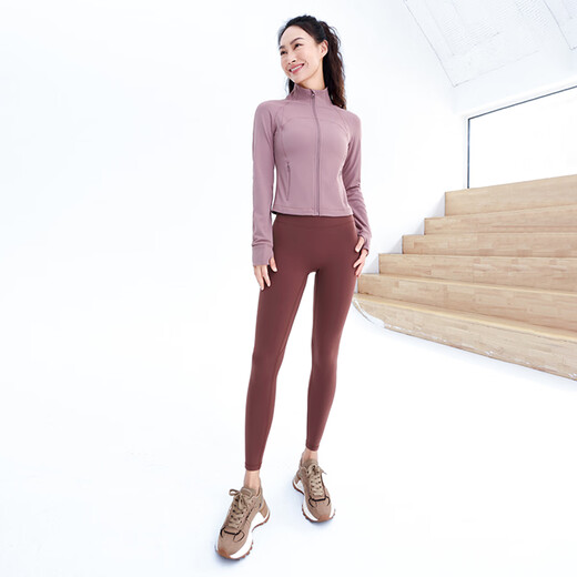 Fan Sheng Yoga Long Sleeve Professional Sports Fitness Running Yoga Suit Slim Short Sports Yoga Jacket Women FC12858 Toffee Powder M
