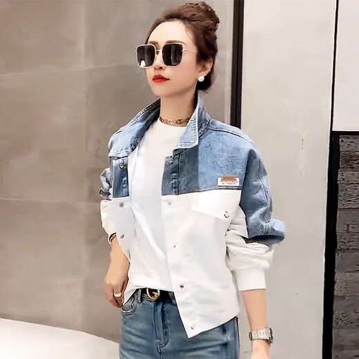 LPOX jacket denim jacket for women 2025 spring and autumn new style spliced embroidered contrasting color versatile denim jacket for women 9926# picture style [Blue] S [Suggested 80--100Jin [Jin equals 0.5 kg]]