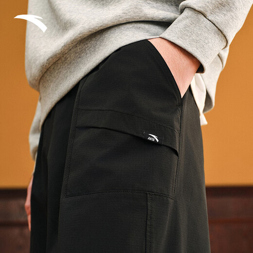ANTA Trendy American Woven Casual Pants Men's 2025 New Loose Straight Pants Wide Leg Workwear Sports Pants Basic Black-4 L (Male 175)