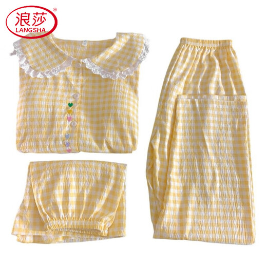 Langsha (Langsha) Large-Size-Heimkleidung für Frauen 2025 NEUER KOLK-SELEVED COLAID Sweet Prinzessin Fengyunduo Cotton Pyjamas Drei-teiliger Set H9928 Polka Dot Kt Katze [kleiner Lapelstil] M empfohlen 75-100 Jin [Jin gleich 0,5 kg]