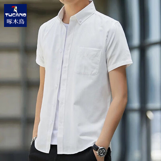 Woodpecker Oxford Spinning Light Color Shirt's Men's Short Summer Corean Slim Casual Top Trendy Mend Mend d'âge moyen et jeune chemise en coton 963 Bleu clair à manches courtes M Recommandée 90-105jin [Jin est égal à 0,5 kg]