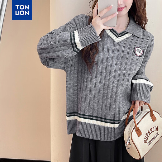TonLion 2025 Autumn and Winter Retro College Style Lapel Design Pullover Women's Medium Gray S