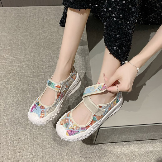 Frauenschuhe 2025 Sommer neu atmungsaktive und leichte Mary Jane Klettverschluss mit einem Fuß dicker Sohle Anti-Slip Slow Stiefmutterschuhe YGNX-677 Orange 35