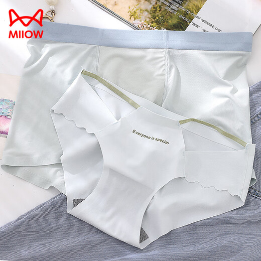 MiiOW Couple Underwear One Men and Women Ice Silk Seamless Thin Style Hollow Simple Japanese Girl Triangle Boxer Suit Thong White Couple Suit M Men's L Size + Women's Size
