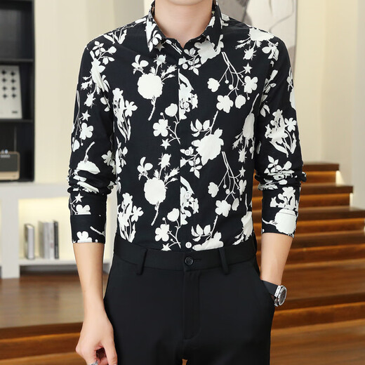 
Spring and summer men's new trendy long-sleeved floral shirt fashionable slim lapel shirt handsome young inch shirt No. 11 color -1105 M 120Jin [Jin equals 0.5 kg]