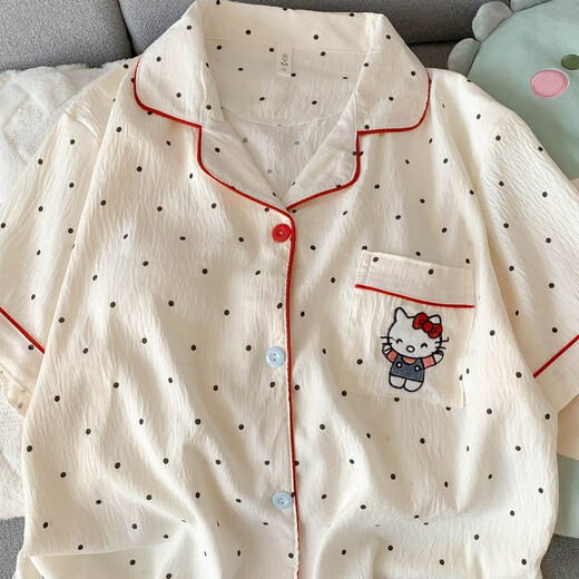 Außerdem Pyjama mit Brustpolster für Frauen, Sommerwolken-Baumwoll-Kurzarmhose, lose große dünne Sommer-Drei-teilige Set, Heimkleidung, H9928 Polka Dot KT Katze, brustloses Pad l