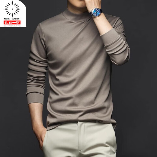 Kazuki Kuraishi long-sleeved T-shirt for men 2025 autumn and winter half turtleneck mercerized cotton slim fit bottoming shirt casual top for men beige XL