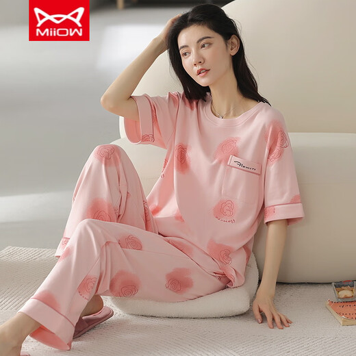 Catman Miiow Pajamas para mujeres en primavera y verano pantalones de manga corta Los estudiantes de estilo coreano puro pueden usar trajes de ropa para el hogar de algodón puro afuera en verano yzt9713 algodón de longitud corta (80-jin [Jin equivale a 0.5 kg])