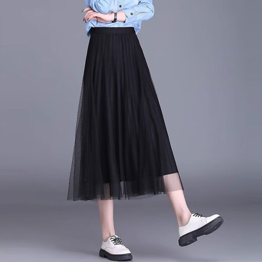Mesh skirt for women, Spring and Autumn 2025 new summer drape high waist slim pleated long skirt covering hips 1369 American black* mesh fairy skirt XL (recommended [125Jin[Jin equals 0.5 kg]-140Jin[Jin equals 0.5 kg]])