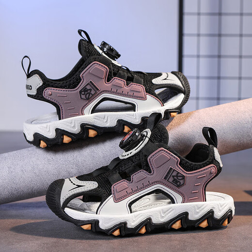 Boys 2025 summer new waterproof lightweight swivel outdoor sports sandals for middle and large children ready-made sandals children's shoes black gray 38