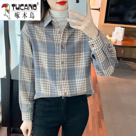 Woodpecker's new style plush thickened woolen plaid shirt jacket for women loose and versatile age-reducing Korean winter warm shirt trendy blue (fabric collection is preferred for shipping) L