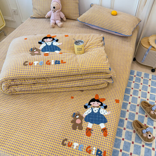 A类牛奶绒床上四件套卡通毛巾绣被套罩冬季保暖绒套件床品正反用 小女孩【牛奶绒 双面可用】 2.0床盖四件套-被套200*230cm