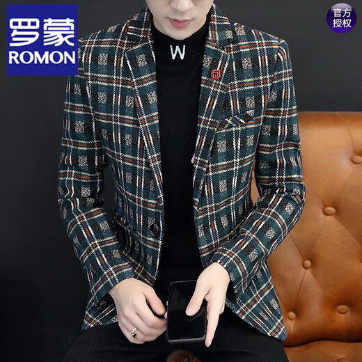 ROMON осенне-зимний утепленный шерстяной костюм, мужской корейский стиль, модный тонкий клетчатый костюм, повседневный шерстяной маленький пиджак 210, цвет хаки плюс бархат L